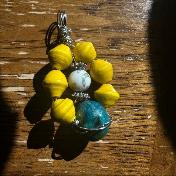 Handcrafted Yellow and Blue Beaded Pendant and paper beads 1600 Y - Picture 9 of 9